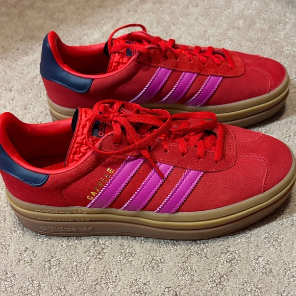 Red Suede Adidas Gazelle Sneakers with Pink Stripes and Navy Accents - Picture 6 of 6